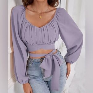 (5/$20) SHEIN LUNE Ruched Bust Lantern Sleeve Knot Front Crop Blouse